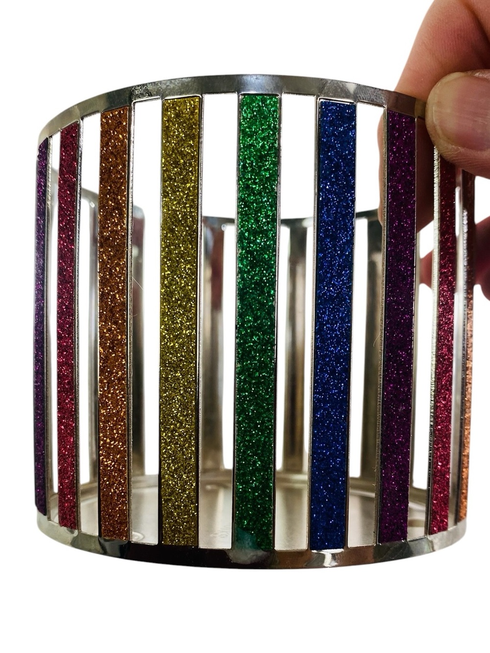 Bath & Body Works Rainbow Striped Glitter Metal 3 Wick Candle Holder - Picture 3 of 7